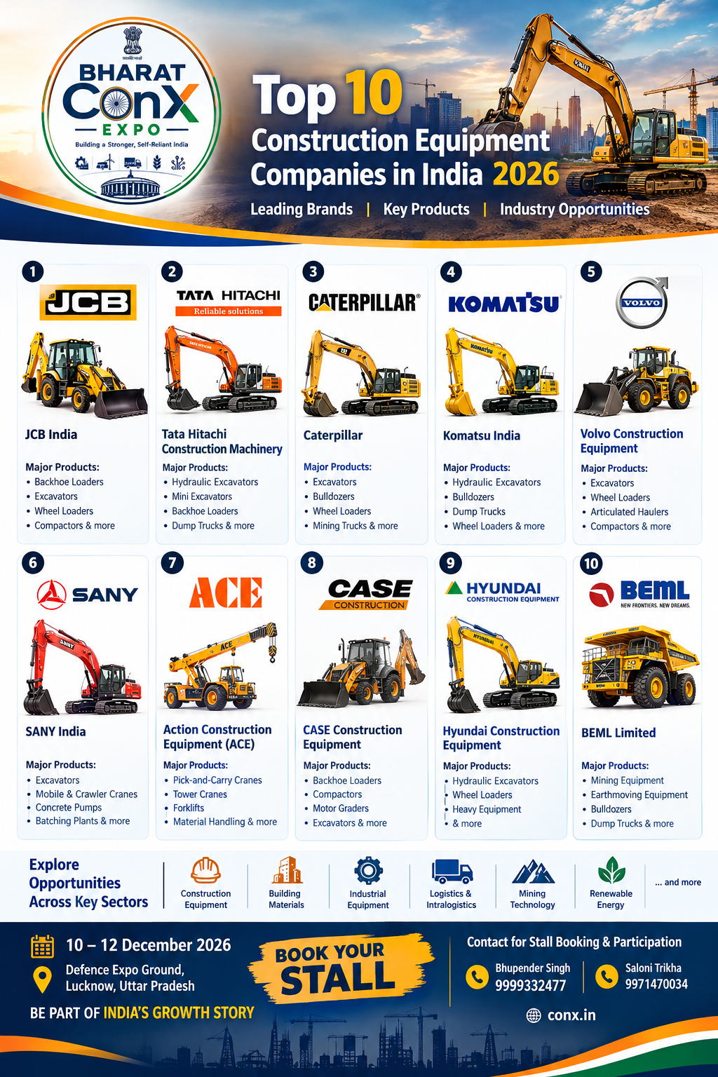 Top 10 construction equipment companies in India 2026 featuring leading machinery brands and Bharat ConX Expo