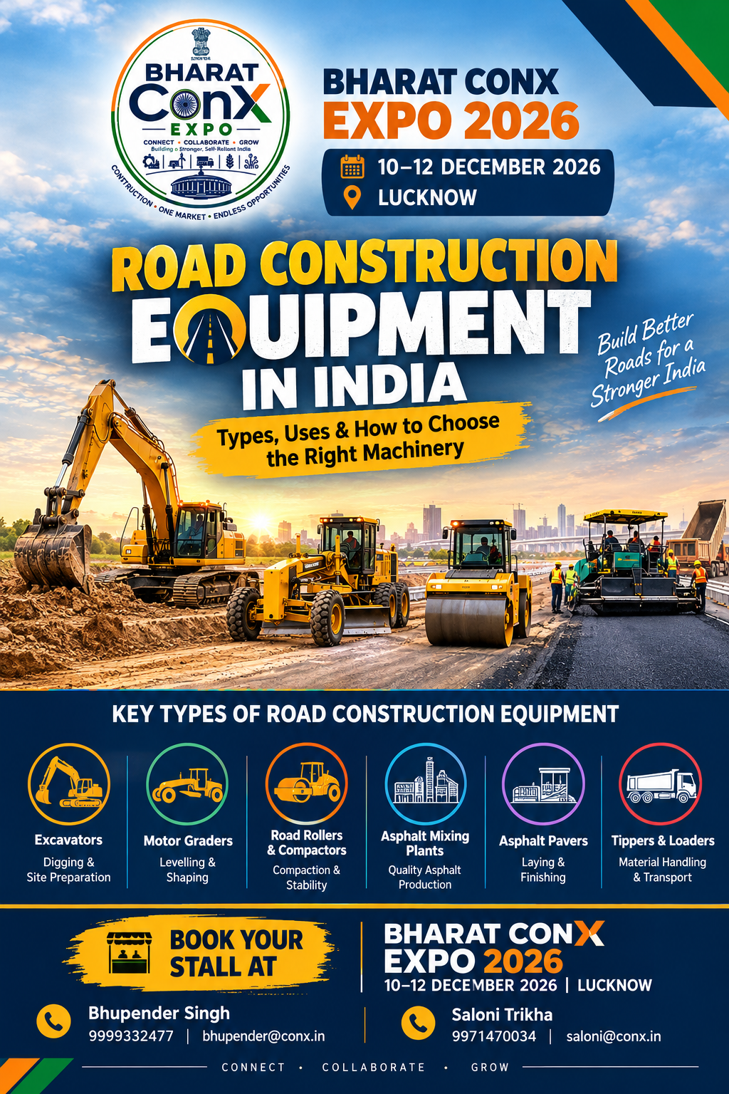 Road Construction Equipment in India including excavators, motor graders, road rollers and asphalt pavers